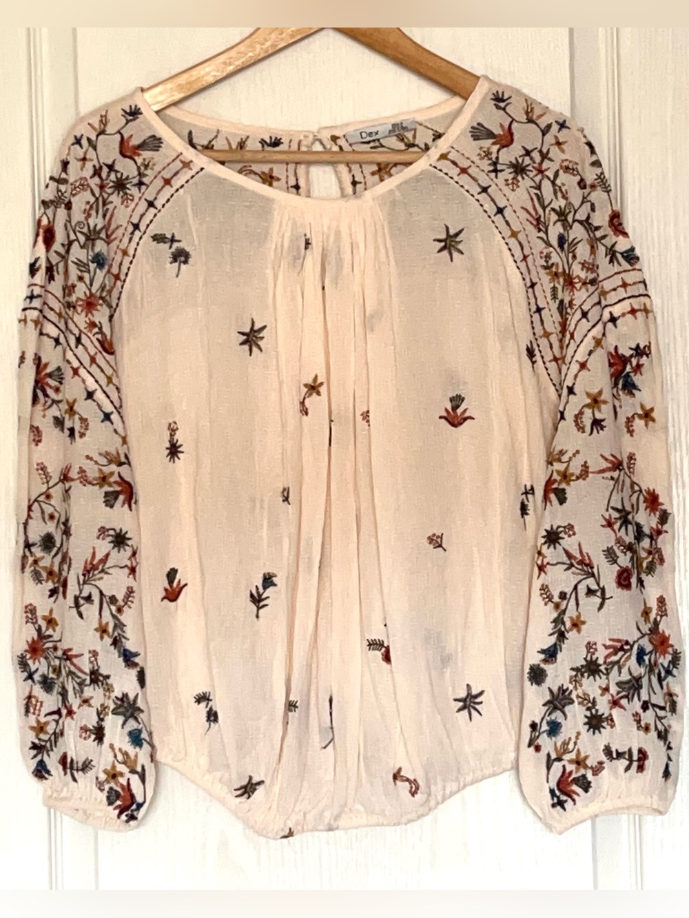 DEX Embroidered Boho Peasant Blouse Cream Floral Size M Prairie Fairycore 70’s‎